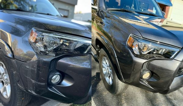 Comparison of a dirty vs. clean gray Toyota 4Runner. Left is dusty, right is polished, showing a before/after of detailing.