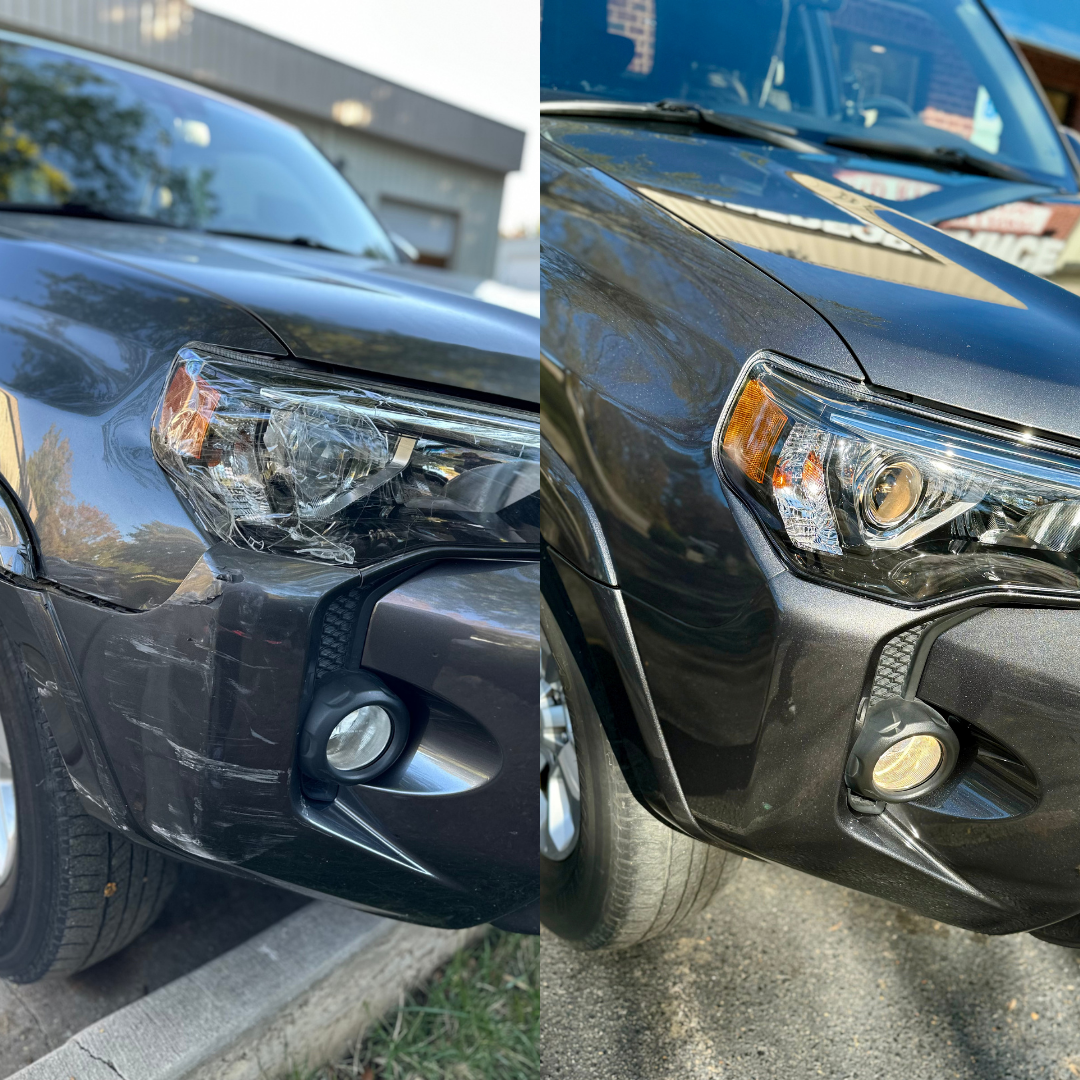 Damaged dark gray SUV front bumper before and after repair, shiny and new.