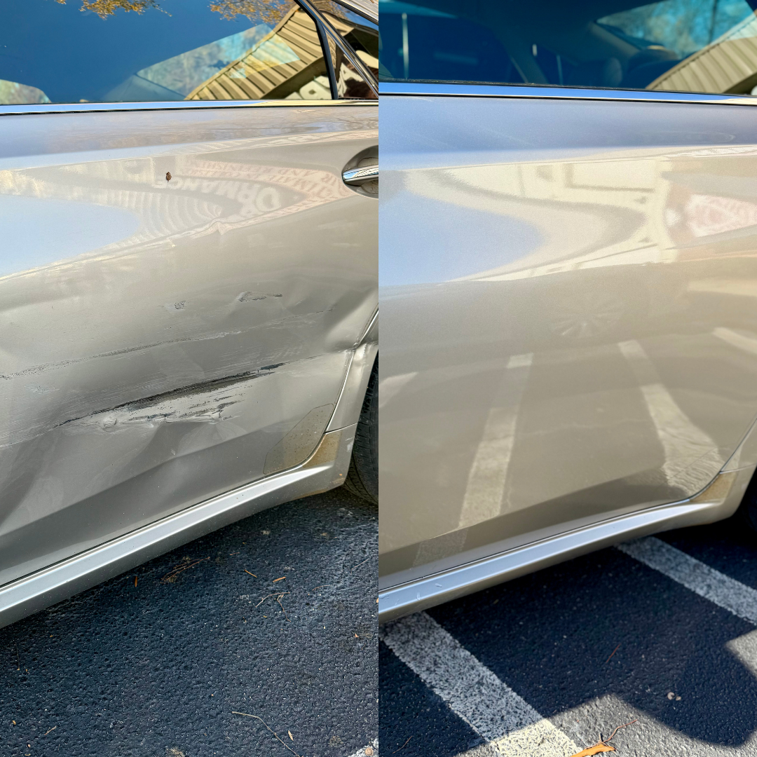 Before and after of car door repair: silver door with dent/scratches on left, restored door on right.
