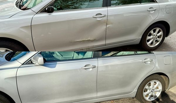 Silver car with a dent in the side door, before and after repair.