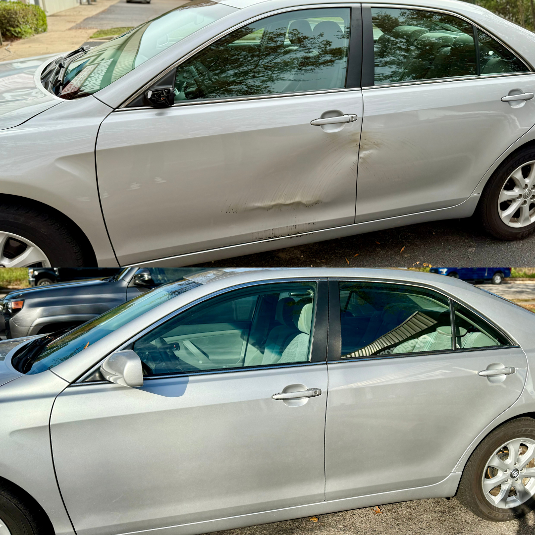 Silver car with a dent in the side before (top) and after (bottom) repair.