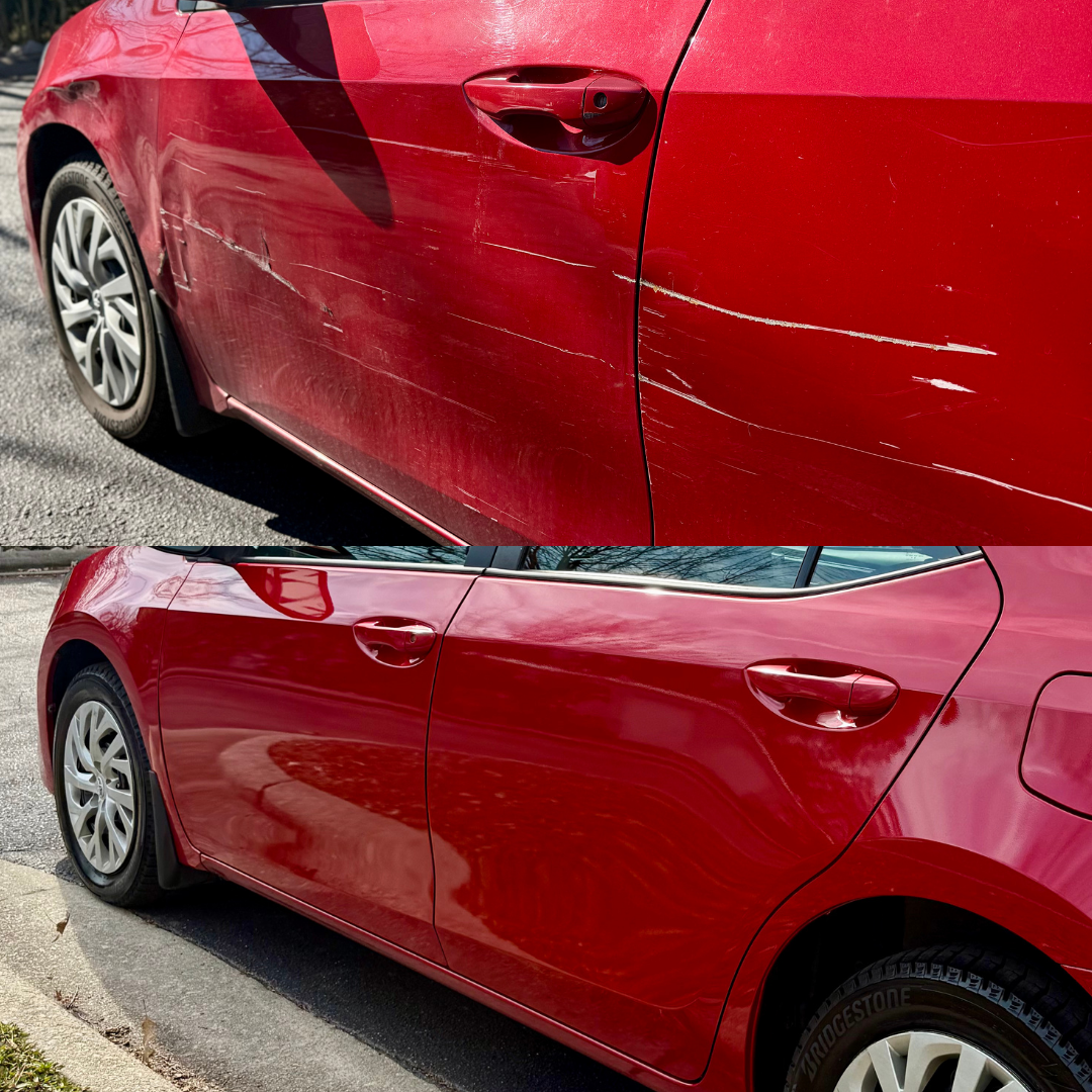 Red car door before and after repair. Scratches visible in the before photo, repaired and smooth in the after.