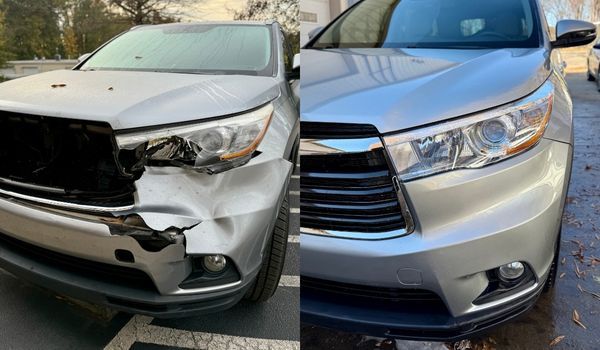 Silver Toyota Highlander with front end damage (left) and the repaired vehicle (right).