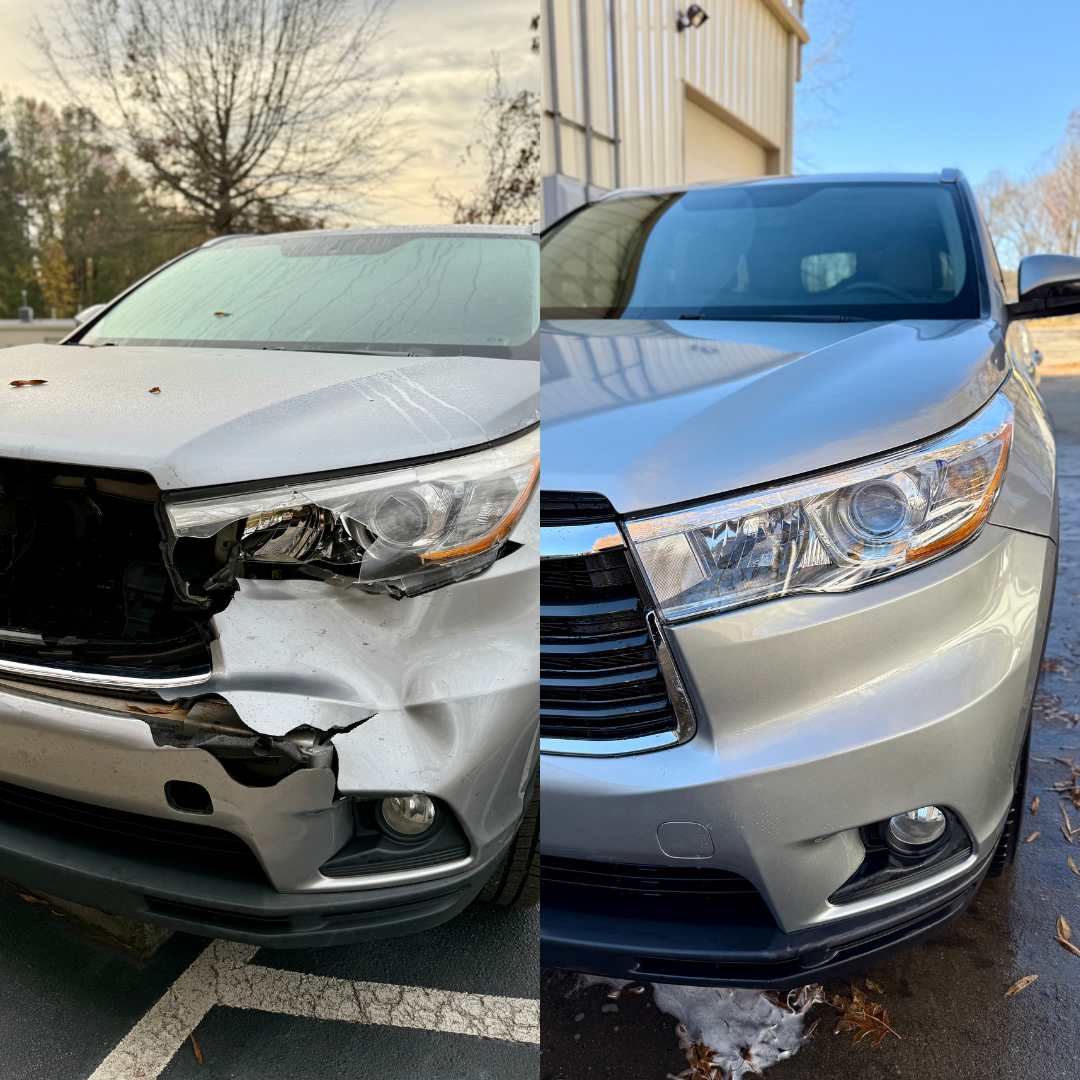 Silver SUV before and after repair; damaged front bumper and headlight on left, repaired and pristine on right.