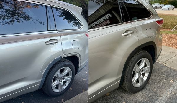 Silver SUV with a dented rear panel before and after repair.