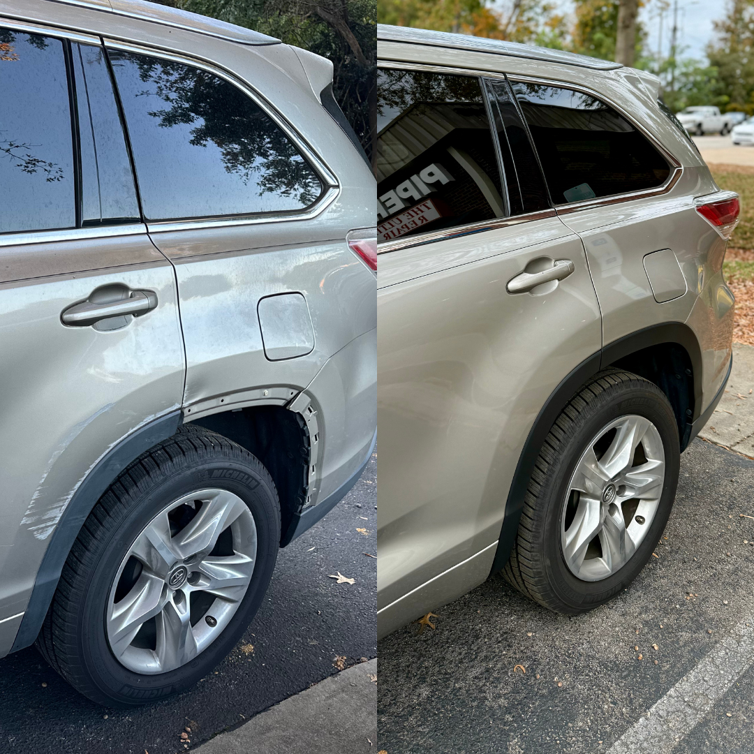 Before and after view of a silver SUV with rear body damage repaired.