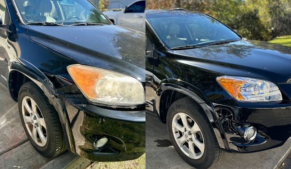 Two black Toyota RAV4 SUVs, one showing damage to front bumper.
