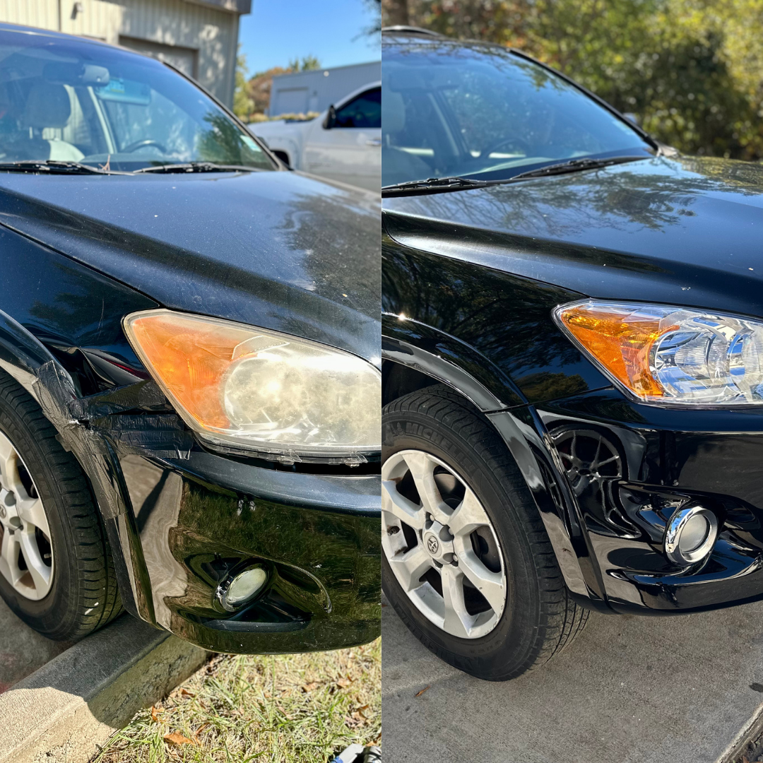 Before and after view of a black SUV with front bumper damage, showing the repair.