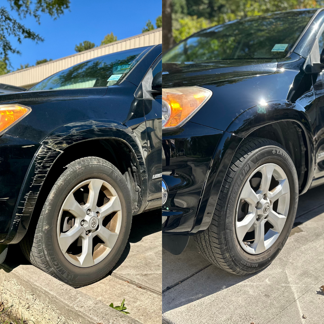 Black SUV with damaged front panel on the left, repaired and shiny on the right, parked outside.