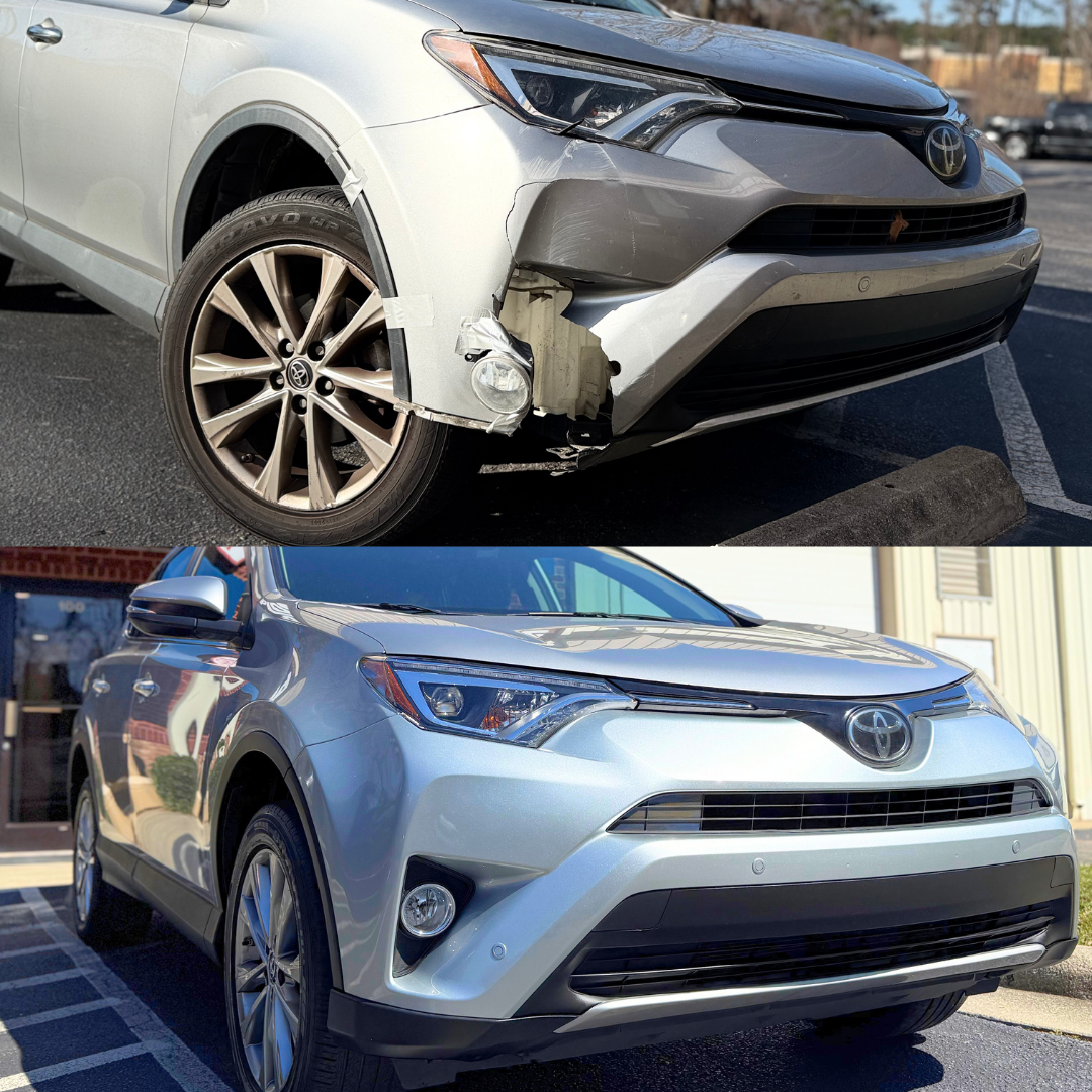 Silver Toyota RAV4 before and after bumper repair.