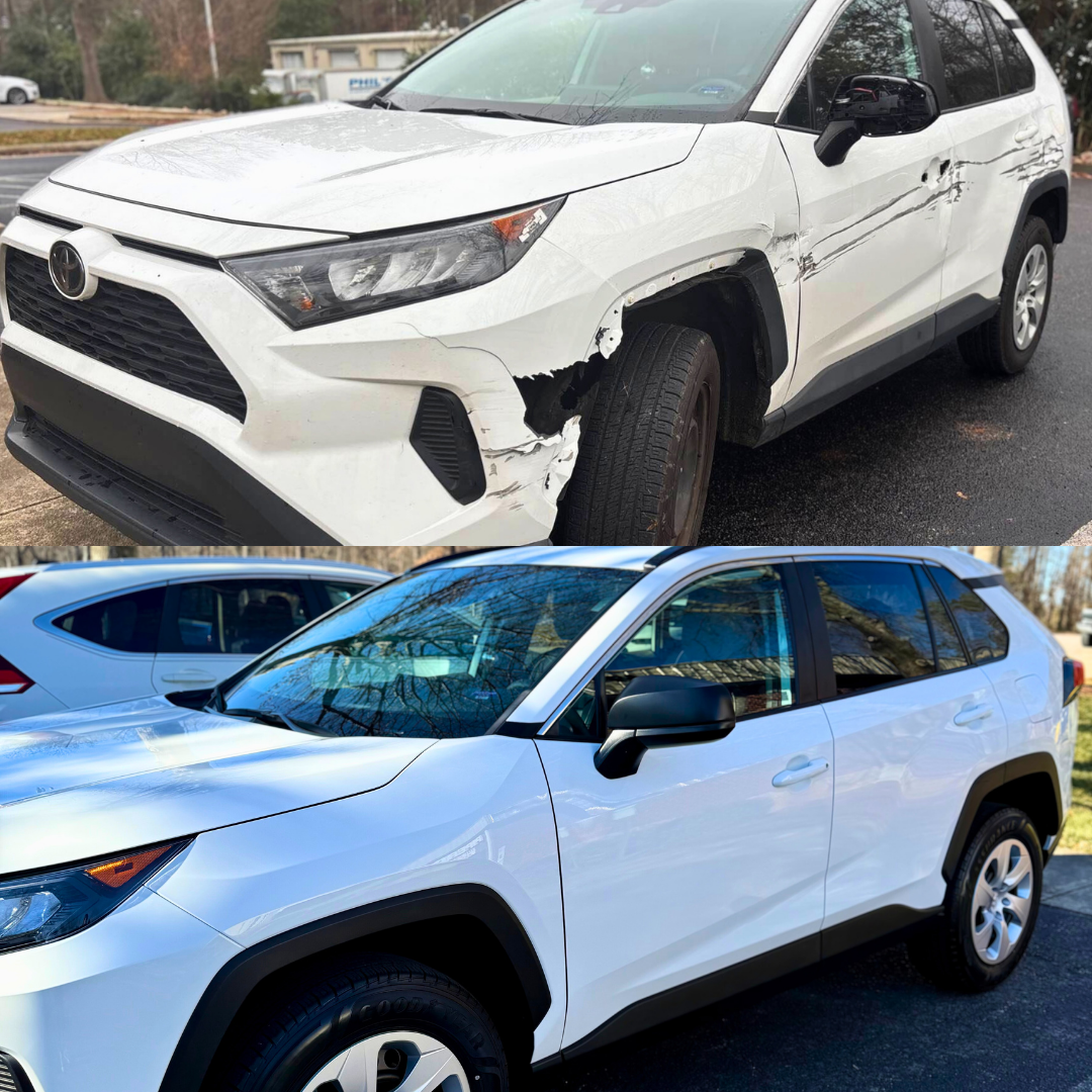 White Toyota SUV with front-end damage; the lower image shows the undamaged car.