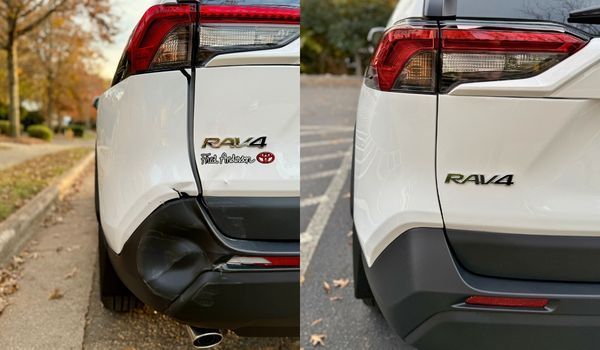 Comparison: Damaged white Toyota RAV4 rear bumper vs. repaired bumper.