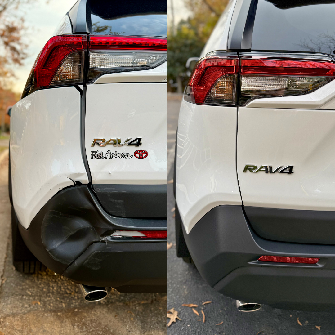 Damaged white Toyota RAV4 bumper before and after repair.