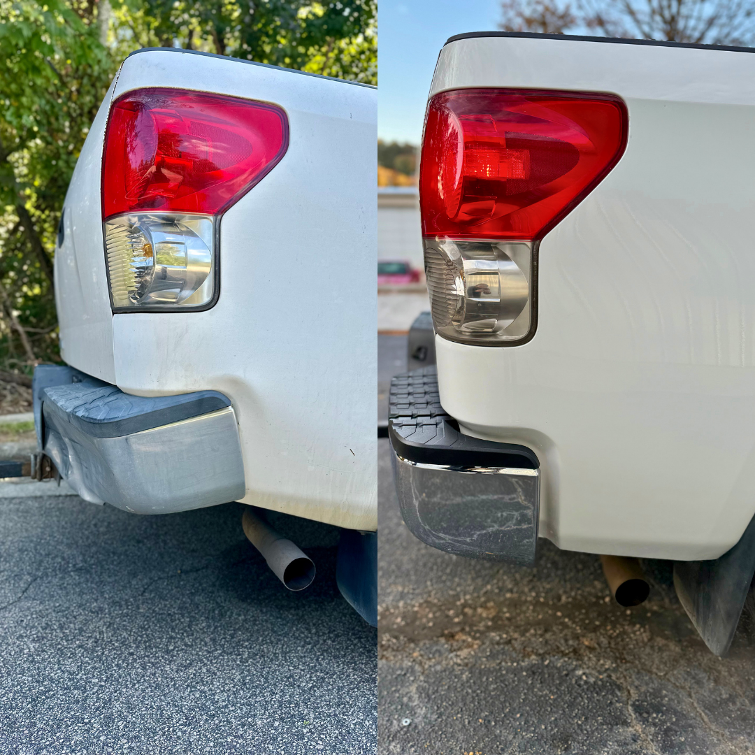 White truck rear, dented side panel and repaired side panel, showing before and after damage.