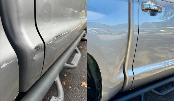 Side-by-side photos of a silver pickup truck. The left side shows a dent and scratch, the right side shows the repaired area.
