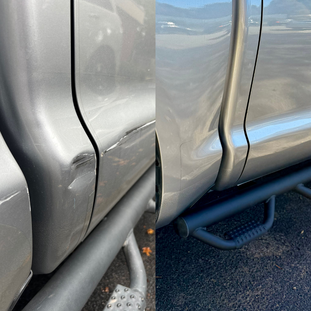 Side-by-side view of a silver truck door with a dent before and after repair, showing a significant improvement.
