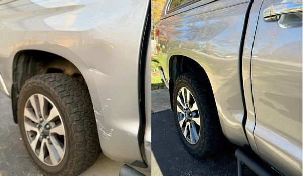 Silver truck with scratches on the rear panel before and after repair, parked outside.