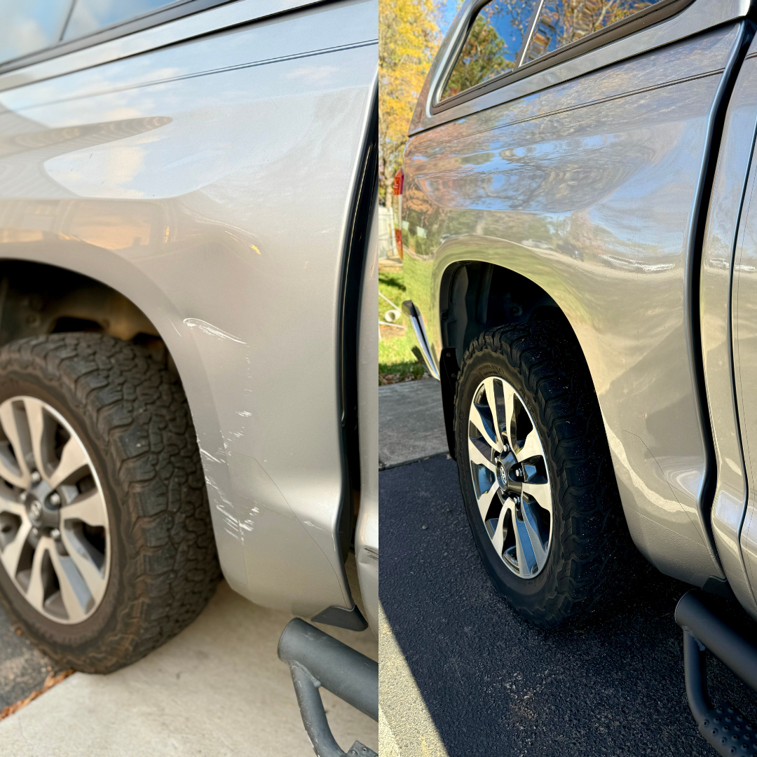 Silver pickup truck: before (scratches) and after (restored) the bodywork, showing wheel wells.