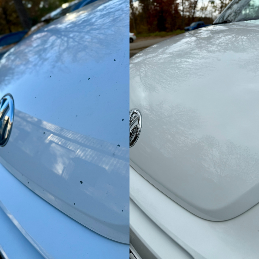 Comparison of a white car hood before and after cleaning, showing removed dirt.