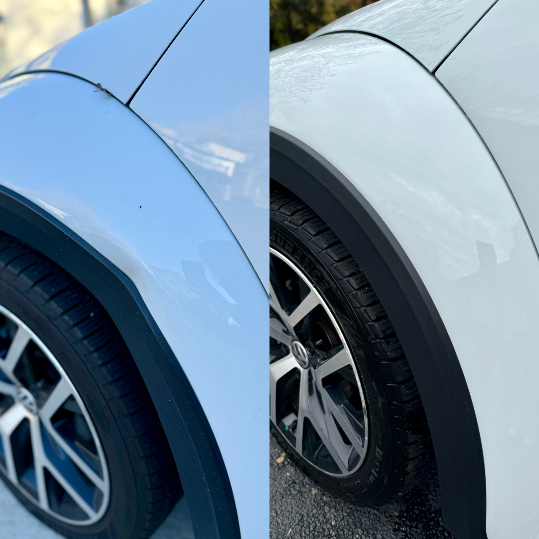 Two close-up views of a white car's front wheel, one on a sunny day, the other in the rain.