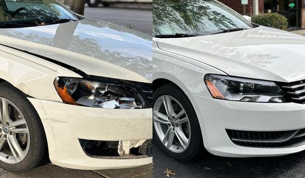 White car before and after repair; damaged front end, then restored.