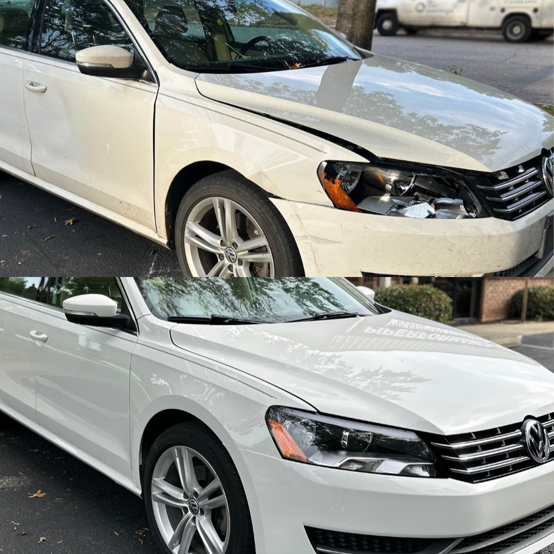 White Volkswagen Passat with before and after photos: damaged front end, then repaired.