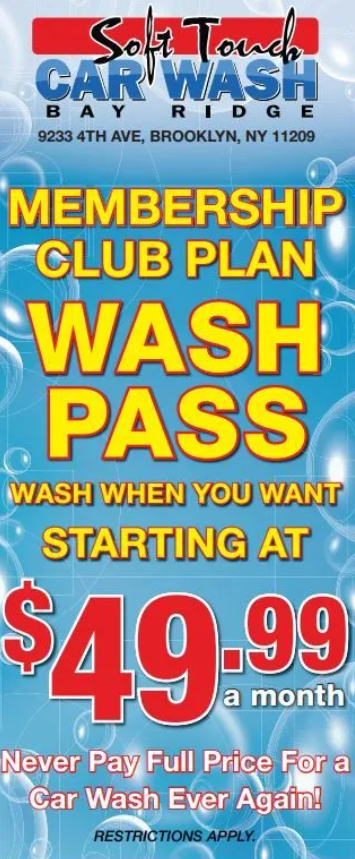 Car wash membership club plan ad with blue background, yellow text, and $49.99 monthly wash pass offer