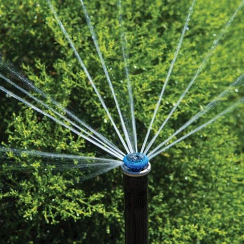 A close up of a sprinkler spraying water in a garden.