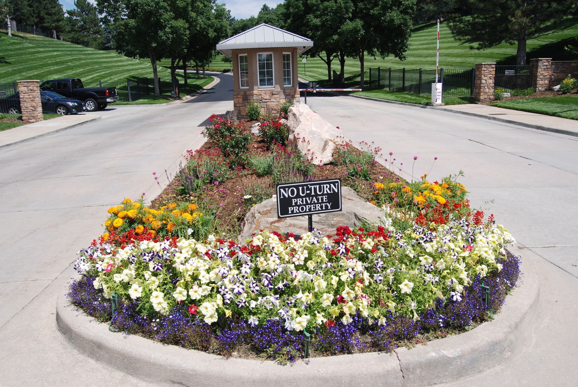 A sign on the side of a road says not to turn