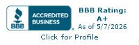 BBB Accredited Business badge with A+ rating, “As of 5/7/2026,” and “Click for Profile” text