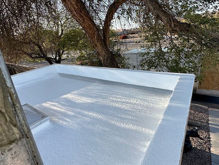 White flat roof with a skylight, viewed beside trees overlooking water