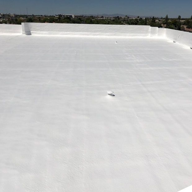 White flat rooftop with a low parapet wall and distant trees under a clear sky