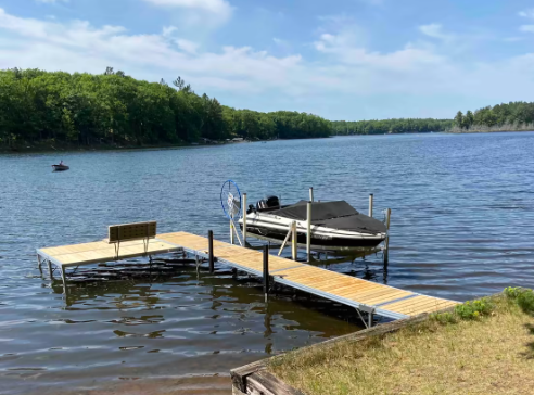 A boat is docked at a dock on a lake