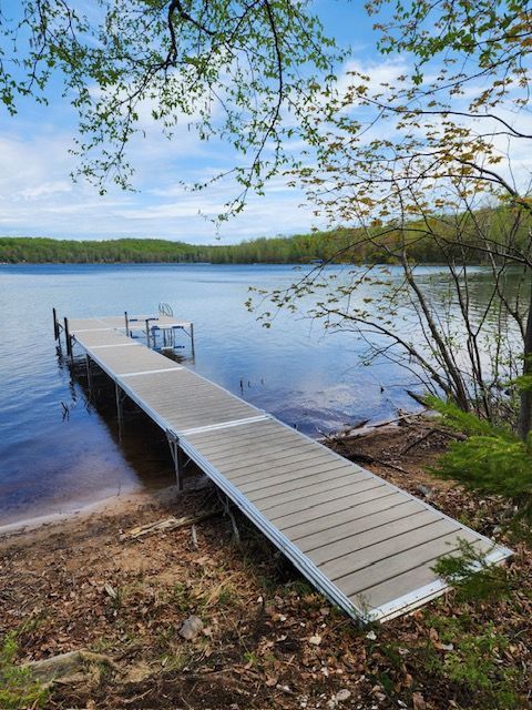 A wooden dock is sitting on the shore of a lake.