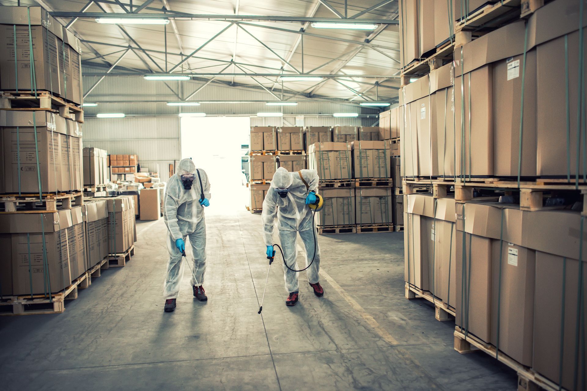 Two people in white protective suits spray disinfectant on the floor of a large warehouse filled with stacked boxes.