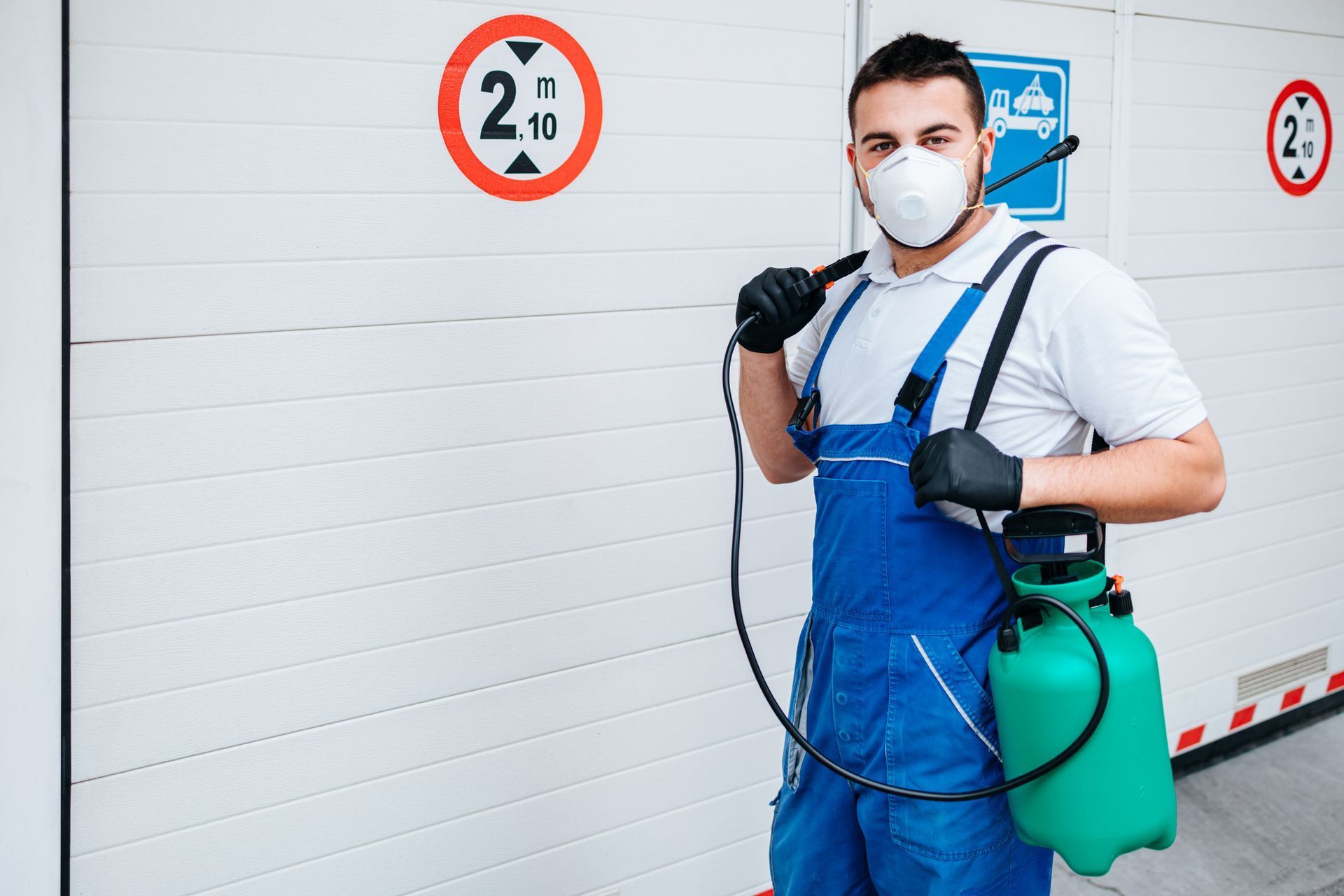 A worker in blue overalls and a protective mask stands against a wall holding a green disinfectant spray canister.