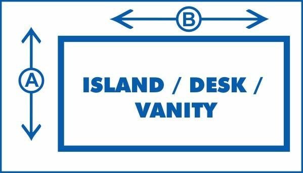 Diagram of an island, desk, or vanity with arrows pointing to its width (B) and length (A). Blue lines.