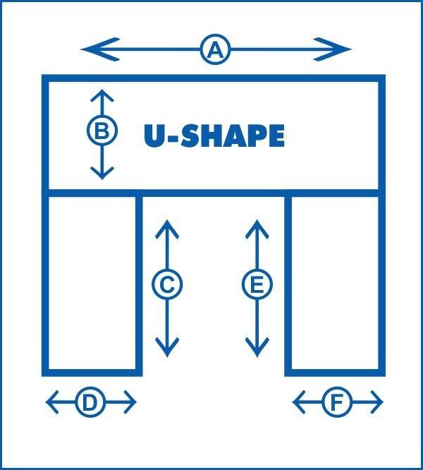 Diagram of a U-shape, with labeled arrows and letters (A-F) indicating dimensions. Blue outline on white background.