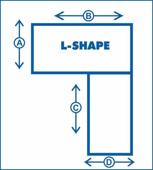 Diagram of an L-shaped space with measurements labeled A, B, C, and D.