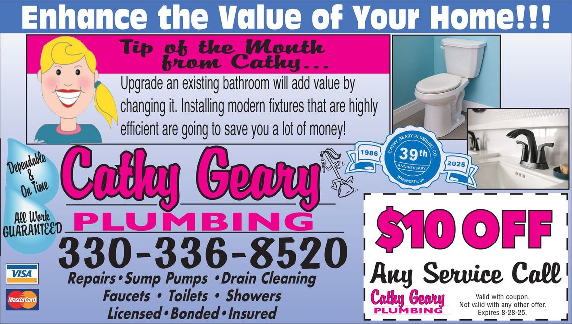 Advertisement for Cathy Geary Plumbing, featuring a woman's portrait, a toilet photo, and a coupon for $10 off services.
