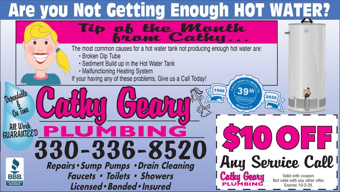 Advertisement for Cathy Geary Plumbing, featuring a woman's portrait, a toilet photo, and a coupon for $10 off services.
