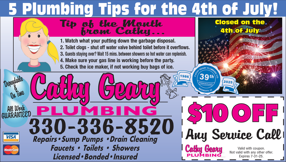 An advertisement for Cathy Geary Plumbing with a coupon for $10 off