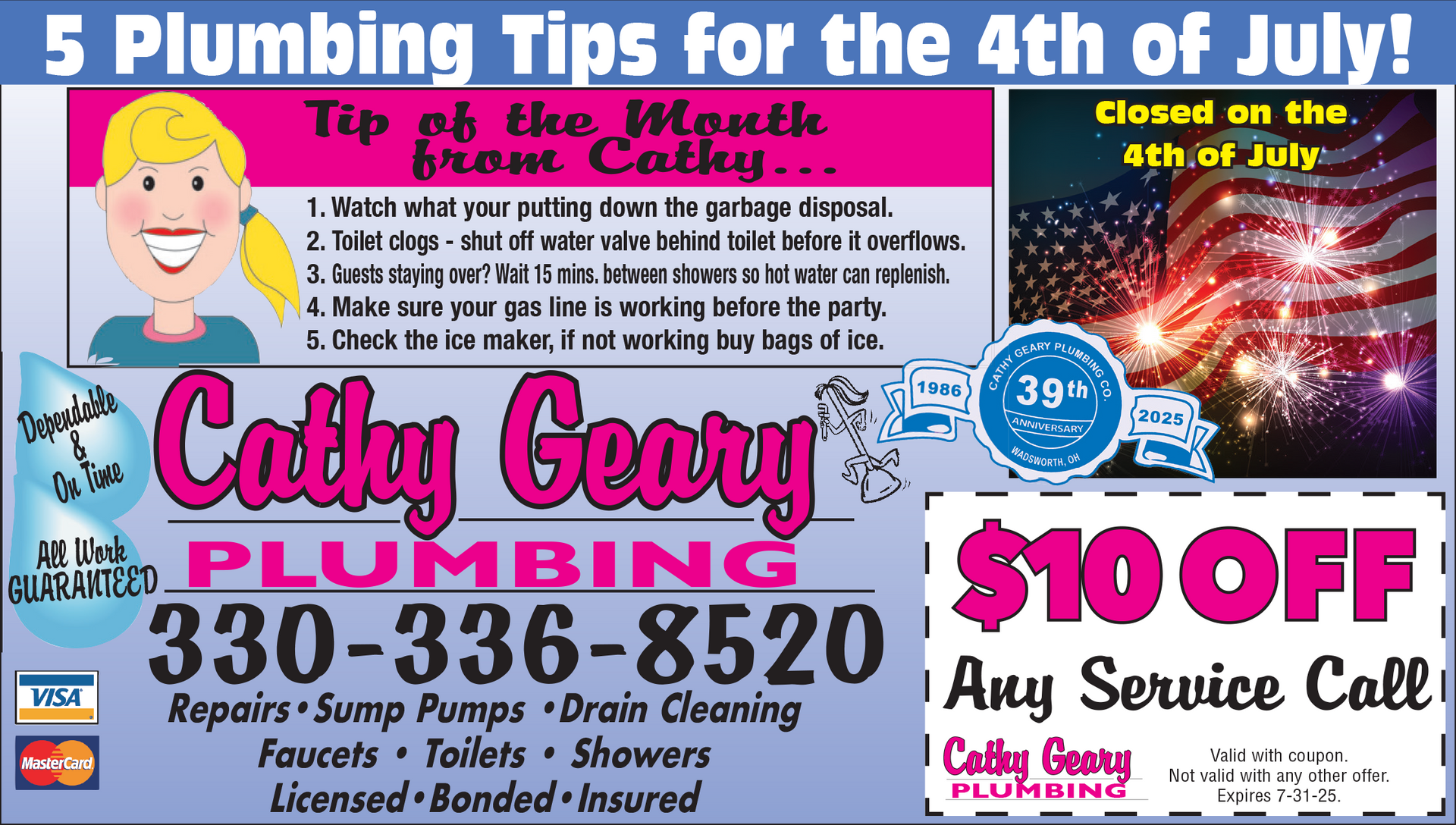 An advertisement for Cathy Geary Plumbing with a coupon for $10 off