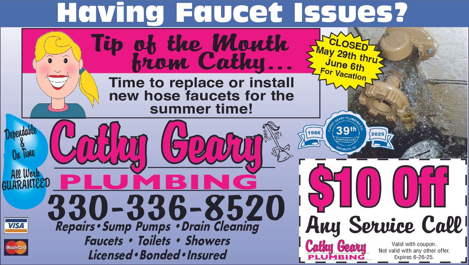 An advertisement for Cathy Geary Pumbing with a coupon for $10 off