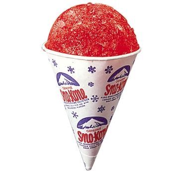 A shaved ice cone with red ice and snowflakes on it