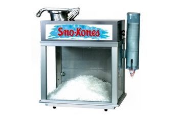 A snow cone machine with a cup dispenser attached to it