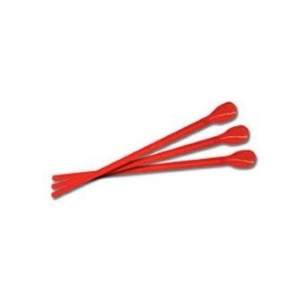 Three red plastic spoons on a white background