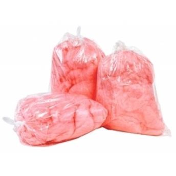 Three bags of pink cotton candy are sitting next to each other on a white background.