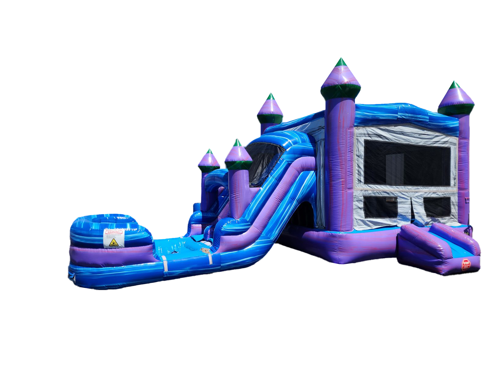 A good-looking purple and blue bouncy castle with a water slide attached to it.