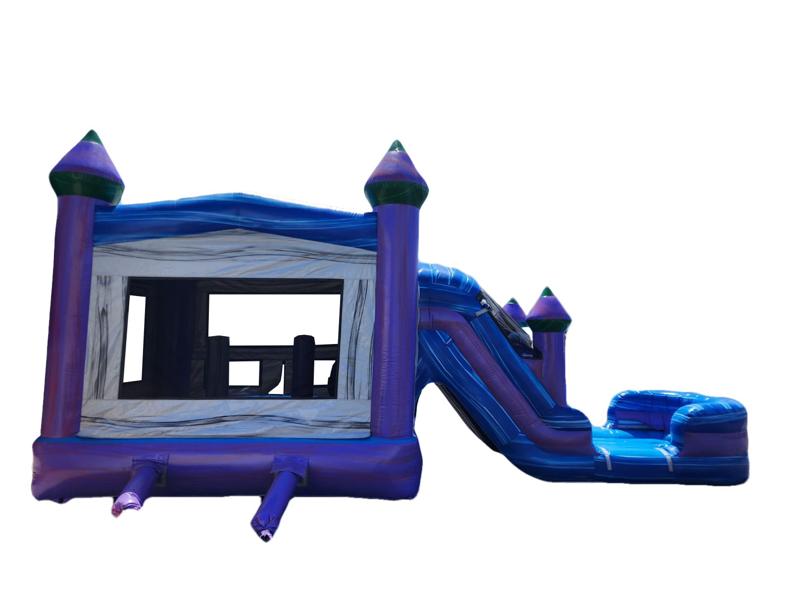 A purple bouncy house with a water slide attached to it.